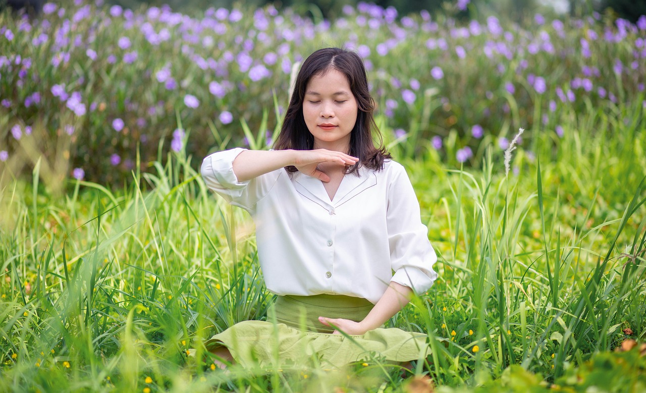 woman, nature, meadow, grass, meditate, peace